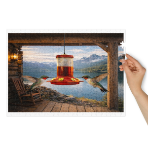 Hummingbird Mountain Jigsaw Puzzle with Tin – Rustic Cabin Lake Scene
