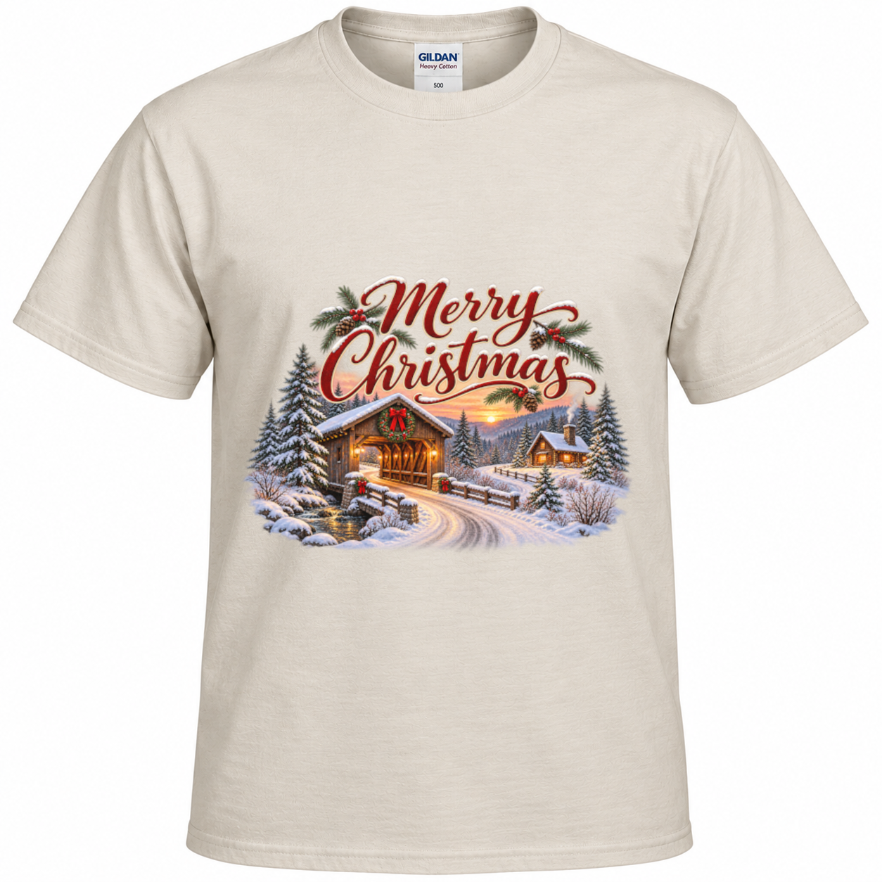 Merry Christmas – Snowy Cabin Christmas T-Shirt - Image 2