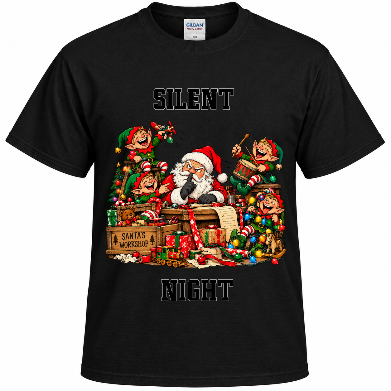 Silent Night – Funny Santa & Elves Christmas T-Shirt - Image 2