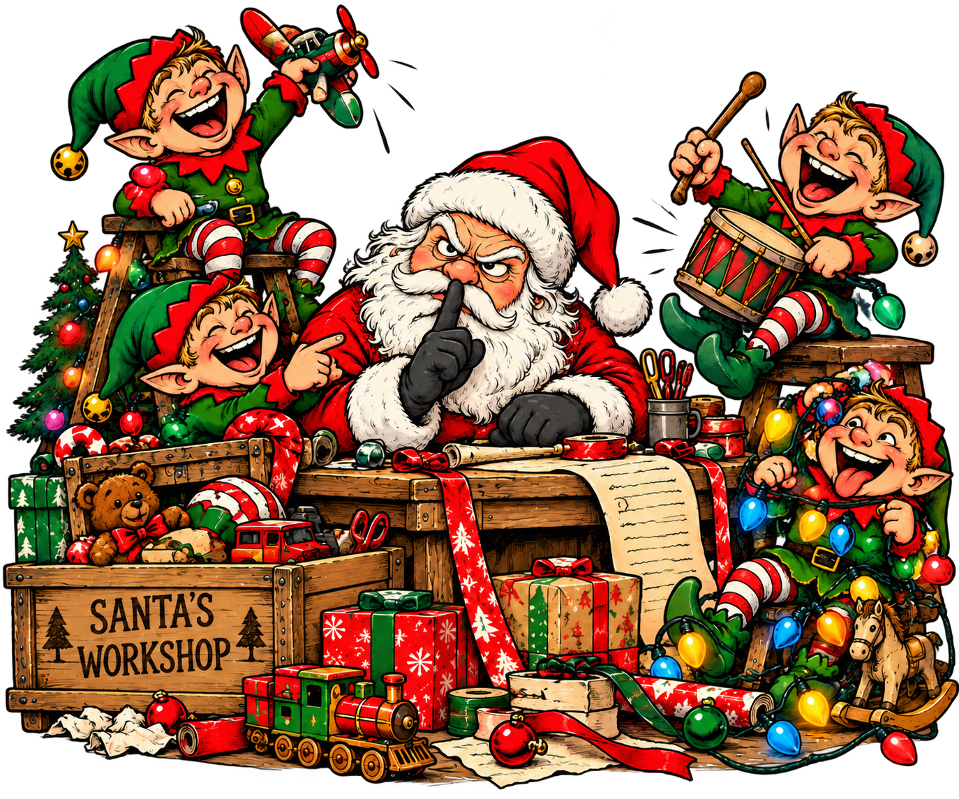 Silent Night – Funny Santa & Elves Christmas T-Shirt - Image 4