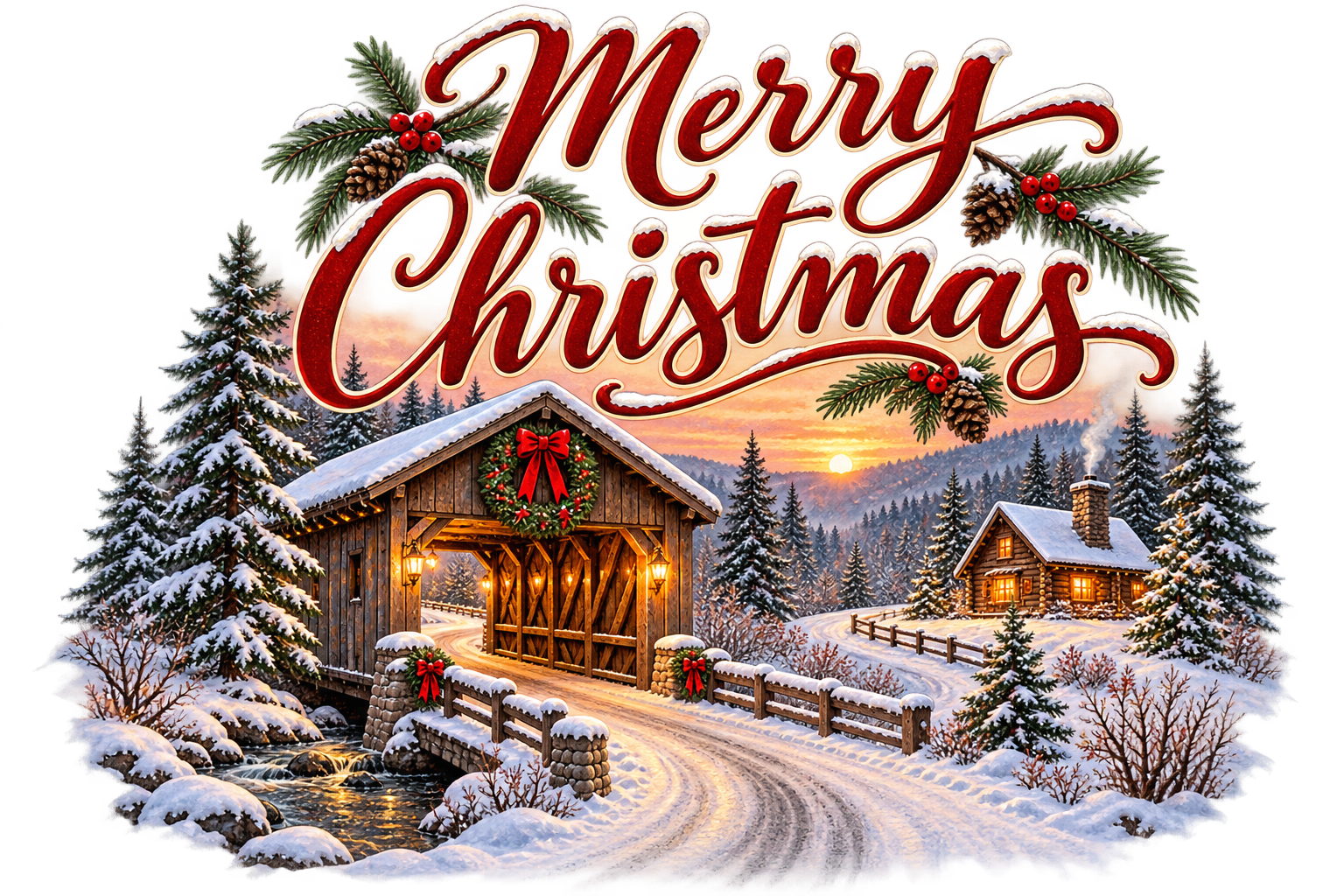 Merry Christmas – Snowy Cabin Christmas T-Shirt - Image 5